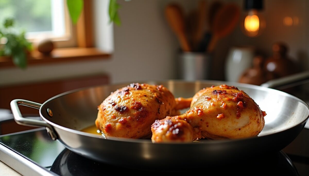 Cuisse de poulet à la poêle : nos secrets pour une peau dorée et une chair tendre et juteuse Cuisse de poulet à la poêle : nos secrets pour une peau dorée et une chair tendre et juteuse
